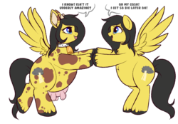 Size: 919x641 | Tagged: source needed, safe, artist:lulubell, oc, oc:reia hope, cow pony, pegasus, pony, bell, bell collar, chubby, collar, cowbell, fat, female, holding hooves, mare, pun, self ponidox, spread wings, time travel, udder, wings