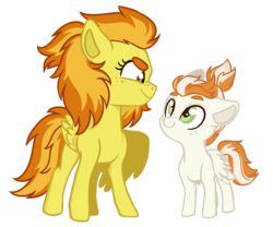 Size: 1059x880 | Tagged: safe, artist:whalepornoz, fire streak, spitfire, pegasus, pony, g4, alternate hairstyle, bushy brows, cousins, duo, female, freckles, headcanon, mare, ponytail, simple background, smiling, transparent background, wings, younger