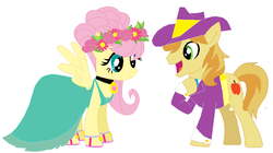 Size: 856x481 | Tagged: safe, artist:glittertiara, braeburn, fluttershy, pony, g4, alternate hairstyle, base used, clothes, dress, duo, female, floral head wreath, flower, male, marriage, ship:braeshy, shipping, simple background, straight, wedding, white background