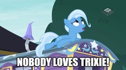 Size: 888x499 | Tagged: safe, edit, edited screencap, screencap, trixie, pony, unicorn, g4, road to friendship, australia, blatant lies, boomerang (tv channel), caption, denial's not just a river in egypt, female, image macro, mare, meme, sad, solo, text, third person, trixie's wagon
