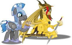Size: 7108x4488 | Tagged: safe, artist:vector-brony, oc, oc:cloud zapper, oc:vector, dracony, dragon, hybrid, pegasus, pony, armor, crystal guard, crystal guard armor, food, male, muffin, simple background, stallion, transparent background