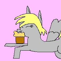 Size: 200x200 | Tagged: safe, artist:undeadponysoldier, derpy hooves, g4, 8-bit, biting, flying, food, muffin, pixel art, simple, spread wings, wings