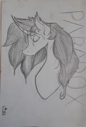 Size: 1836x2712 | Tagged: safe, artist:awesomedude14, oc, oc only, oc:paradox, pony, bust, curved horn, eyes closed, horn, monochrome, paper, pencil drawing, photo, solo, traditional art