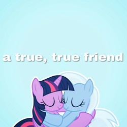 Size: 1280x1280 | Tagged: artist needed, safe, trixie, twilight sparkle, alicorn, pony, unicorn, g4, best friends, cute, diatrixes, female, hug, mare, text, twilight sparkle (alicorn)