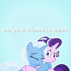 Size: 1280x1280 | Tagged: artist needed, safe, starlight glimmer, trixie, pony, unicorn, g4, best friends, cute, diatrixes, eyes closed, female, hug, mare, simple background, text