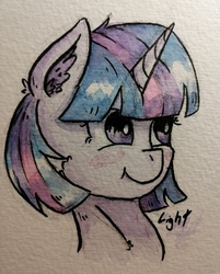 Size: 1754x2181 | Tagged: safe, artist:lightisanasshole, twilight sparkle, pony, unicorn, g4, alternate hairstyle, bust, cute, cutie mark, ear fluff, female, hairstyle, hairstyling, mane, mare, portrait, short mane, smiling, solo, three quarter view, traditional art
