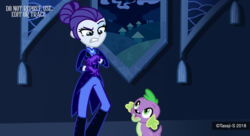 Size: 1212x659 | Tagged: safe, artist:tassji-s, rarity, spike, dog, human, equestria girls, g4, the cutie re-mark, alternate timeline, boots, clothes, disgusted, duo, equestria girls interpretation, equestria girls-ified, hair bun, night maid rarity, nightmare takeover timeline, pants, scene interpretation, shoes, spike the dog, tailcoat
