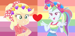 Size: 2156x1040 | Tagged: artist needed, safe, edit, applejack, rainbow dash, equestria girls, equestria girls specials, five to nine, g4, my little pony equestria girls: better together, my little pony equestria girls: spring breakdown, female, geode of super strength, lesbian, magical geodes, ship:appledash, shipping, shipping domino, voice actor joke