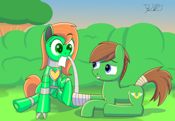 Size: 2000x1380 | Tagged: safe, artist:trackheadtherobopony, oc, oc:goldheart, oc:rebel vanguard, pony, robot, robot pony, bandage, healing, signature