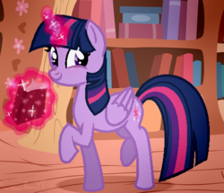 Size: 455x392 | Tagged: safe, artist:crystal-bloomyt, artist:estories, twilight sparkle, alicorn, pony, g4, book, female, golden oaks library, levitation, library, looking at you, magic, mare, raised hoof, smiling, solo, telekinesis, twilight sparkle (alicorn)