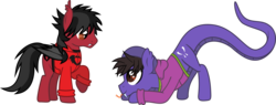 Size: 2788x1057 | Tagged: safe, artist:lightningbolt, derpibooru exclusive, bat pony, hybrid, original species, pony, snake pony, g4, .svg available, bat wings, clandestine industries, clothes, cobra starship, duo, face down ass up, fall out boy, fangs, folded wings, forked tongue, gabe saporta, hood, hoodie, looking at each other, looking down, looking up, male, messy mane, pete wentz, playful, ponified, raised hoof, shirt, show accurate, simple background, slit pupils, snake tail, stallion, svg, tongue out, transparent background, undershirt, vector, wings