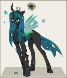 Size: 1280x1481 | Tagged: safe, artist:catment, queen chrysalis, beetle, butterfly, changeling, changeling queen, pony, g4, annoyed, crown, female, jewelry, pictogram, regalia, solo, speech bubble