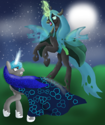 Size: 978x1163 | Tagged: safe, artist:mr100dragon100, queen chrysalis, oc, oc:techno universal, changeling, changeling queen, pony, unicorn, g4, cape, clothes, female, glowing, glowing horn, horn, requested art