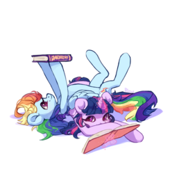 Size: 1959x1999 | Tagged: safe, artist:graypillow, rainbow dash, twilight sparkle, alicorn, pegasus, pony, g4, book, cute, female, folded wings, glowing, glowing horn, horn, lesbian, lying down, magic, magic aura, mare, on back, on top, prone, reading, ship:twidash, shipping, signature, simple background, smiling, telekinesis, transparent background, twilight sparkle (alicorn), wings
