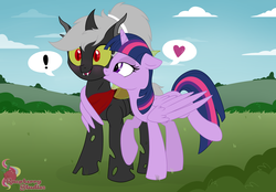 Size: 2962x2059 | Tagged: safe, artist:raspberrystudios, twilight sparkle, oc, oc:bandit, alicorn, changeling, pony, g4, bandana, canon x oc, changeling oc, cheek kiss, commission, double colored changeling, high res, hug, kissing, surprised, twilight sparkle (alicorn), winghug