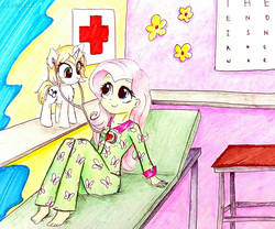 Size: 980x816 | Tagged: safe, artist:liaaqila, fluttershy, oc, oc:healing touch, pony, equestria girls, g4, clothes, cute, doctor, doctor's office, female, filly, listening, ocbetes, pajamas, stethoscope, traditional art