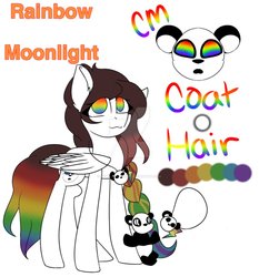 Size: 862x926 | Tagged: safe, artist:space--paws0w0, oc, oc only, oc:rainbow moonlight, panda, pegasus, pony, deviantart watermark, female, jewelry, mare, necklace, obtrusive watermark, plushie, rainbow eyes, rainbow hair, reference sheet, simple background, solo, watermark, white background