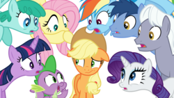 Size: 1191x670 | Tagged: safe, artist:itv-canterlot, applejack, blues, fluttershy, noteworthy, rainbow dash, rarity, royal riff, spike, spring melody, sprinkle medley, twilight sparkle, alicorn, dragon, earth pony, pegasus, pony, unicorn, g4, the mane attraction, female, flying, gasp, hooves on mouth, male, mare, open mouth, shocked, simple background, stallion, transparent background, twilight sparkle (alicorn), vector, wide eyes