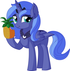 Size: 6656x6766 | Tagged: safe, artist:cyanlightning, princess luna, alicorn, pony, g4, .svg available, absurd resolution, ear fluff, female, folded wings, food, herbivore, lidded eyes, looking at you, mare, pineapple, s1 luna, simple background, solo, transparent background, vector, wings