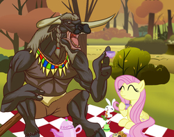 Size: 1004x792 | Tagged: safe, artist:urhangrzerg, angel bunny, fluttershy, minotaur, pegasus, pony, rabbit, tauren, g4, animal, autumn, carrot, crossover, cup, female, food, male, mare, muffin, open mouth, picnic, picnic blanket, tea, teacup, tree, trio, warcraft