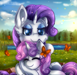 Size: 988x959 | Tagged: safe, artist:deraniel, rarity, sweetie belle, butterfly, pony, unicorn, g4, cloud, cute, diasweetes, female, filly, foal, grass, hug, mare, raribetes, river, sibling love, siblings, sisterly love, sisters, sky, smiling, water