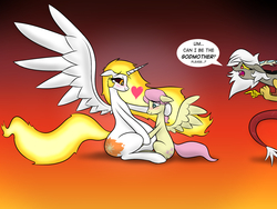 Size: 1600x1200 | Tagged: safe, artist:banebuster, daybreaker, discord, fluttershy, alicorn, draconequus, pegasus, pony, g4, adorascotch, adoreris, blushing, butterscotch, cute, diabreaker, dialogue, discordia, eris, female, fire hair, floating heart, gradient background, half r63 shipping, happy, heart, hug, love, male, mane of fire, missing accessory, multiple pregnancy, pregnant, rule 63, rule63betes, ship:butterbreaker, ship:flutterbreaker, shipping, simple background, sitting, smiling, speech bubble, spread wings, straight, wings