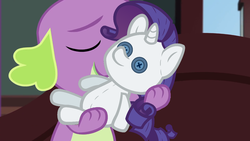 Size: 1280x720 | Tagged: safe, edit, edited screencap, screencap, rarity, spike, spike the regular dog, dog, equestria girls, g4, my little pony equestria girls: better together, reboxing with spike!, crush plush, eyes closed, male, paws, plushie, rarity plushie