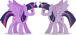 Size: 3040x1403 | Tagged: safe, artist:andoanimalia, mean twilight sparkle, twilight sparkle, alicorn, pony, the mean 6, clone, duality, evil, female, good, grin, looking at each other, mare, self ponidox, serious, serious face, smiling, trace, twilight sparkle (alicorn), vector, vector trace