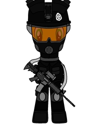 Size: 792x1008 | Tagged: safe, oc, oc only, oc:garyson, earth pony, pony, ar-15, black and grey clothing, black and white, boots, clothes, gas mask, grayscale, male, mask, military, mobile task force, monochrome, night vision goggles, nine tailed fox (scp), scp containment breach, scp foundation, shoes, short story included, vest, weapon