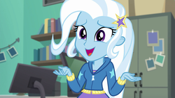 Size: 1920x1080 | Tagged: safe, screencap, trixie, equestria girls, equestria girls series, forgotten friendship, g4, female, open mouth, smiling, solo