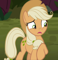 Size: 907x937 | Tagged: safe, screencap, mean applejack, earth pony, pony, g4, the mean 6, clone, cropped, female, mare, open mouth, raised hoof, solo, worried