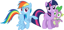 Size: 1297x616 | Tagged: safe, artist:geometrymathalgebra, rainbow dash, spike, twilight sparkle, dragon, pegasus, pony, unicorn, g4, female, flying, looking at you, male, mare, simple background, transparent background, unicorn twilight, vector, wings down