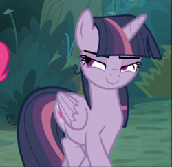 Size: 971x938 | Tagged: safe, screencap, mean twilight sparkle, pinkie pie, twilight sparkle, alicorn, earth pony, pony, g4, the mean 6, blinking, clone, cropped, crossed hooves, female, mare, offscreen character, smiling, solo, twilight sparkle (alicorn)