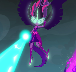 Size: 1003x947 | Tagged: safe, screencap, sci-twi, twilight sparkle, equestria girls, g4, bare shoulders, blast, cropped, female, flying, glowing eyes, magic, magic blast, midnight sparkle, sleeveless, solo, strapless