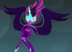 Size: 1485x1079 | Tagged: safe, screencap, sci-twi, twilight sparkle, equestria girls, g4, my little pony equestria girls: friendship games, bare shoulders, cropped, female, flying, glowing eyes, midnight sparkle, sleeveless, solo, strapless