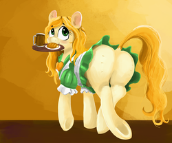 Size: 2400x2000 | Tagged: safe, artist:gab0o0, edit, oc, oc only, oc:blondie pint, pony, g4, blushing, butt, clothes, cute, dock, featureless crotch, female, high res, looking back, mare, plot, raised tail, salsita's inn, sfw edit, solo, tail, underhoof, waitress