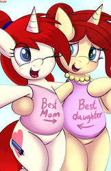 Size: 2200x3385 | Tagged: safe, artist:an-tonio, oc, oc only, oc:golden brooch, oc:silver draw, pony, unicorn, bipedal, clothes, cute, female, freckles, hair bun, happy, high res, jewelry, looking at each other, mare, mother and daughter, necklace, ocbetes, one eye closed, open mouth, pearl necklace, ponytail, selfie, shirt, smiling, wink
