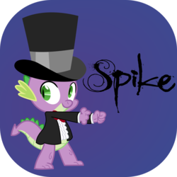 Size: 894x894 | Tagged: safe, artist:awesomeluna, spike, dragon, g4, clothes, dancing, hat, male, purple background, simple background, solo, tuxedo