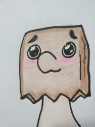 Size: 690x920 | Tagged: safe, artist:paper view of butts, oc, oc only, oc:paper bag, pony, big eyes, blushing, paper bag, simple background, solo, traditional art, white background