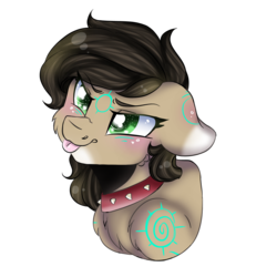 Size: 1000x1000 | Tagged: artist needed, safe, oc, oc only, oc:rune, pony, blushing, brown mane, bust, female, filly, green eyes, mare, nose wrinkle, provoking, silly, solo, tongue out