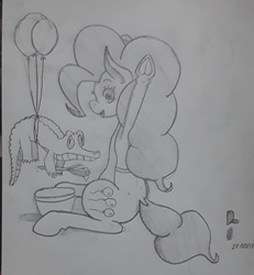 Size: 1836x1990 | Tagged: safe, artist:awesomedude14, gummy, pinkie pie, pony, g4, baking, bust, monochrome, traditional art, waving