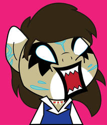 Size: 826x967 | Tagged: artist needed, safe, oc, oc only, oc:rune, anthro, aggretsuko, brown mane, female, open mouth, pink background, rage, reference, sanrio, simple background, solo, tooth necklace