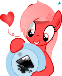Size: 1700x2067 | Tagged: safe, artist:arifproject, oc, oc only, oc:downvote, pony, derpibooru, g4, cute, derpibooru ponified, grin, heart, holding, inkscape, meta, plate, ponified, smiling, solo, vector