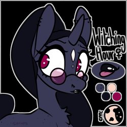 Size: 2000x2000 | Tagged: safe, artist:spoopygander, oc, oc only, oc:witching hour, pony, unicorn, :p, cutie mark, ear piercing, earring, freckles, glasses, high res, jewelry, lipstick, makeup, markings, mlem, piercing, ponytail, reference sheet, silly, solo, tongue out
