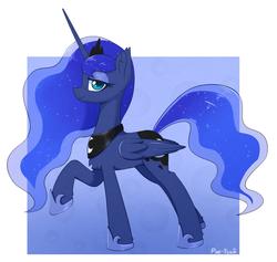 Size: 1529x1451 | Tagged: safe, artist:puetsua, princess luna, alicorn, pony, g4, abstract background, chest fluff, crown, cute, ear fluff, ethereal mane, female, hoof shoes, jewelry, leg fluff, lidded eyes, lunabetes, mare, profile, regalia, solo, starry mane