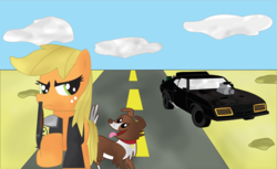 Size: 1480x908 | Tagged: safe, artist:ejlightning007arts, applejack, winona, dog, g4, car, clothes, crossover, desert, double barreled shotgun, gun, interceptor, jacket, mad max, shotgun, the road warrior, wasteland, weapon