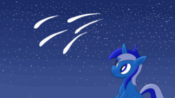 Size: 1920x1080 | Tagged: safe, artist:notadeliciouspotato, minuette, pony, unicorn, g4, female, looking away, looking up, mare, night, shooting star, sitting, smiling, solo, stargazing, starry night
