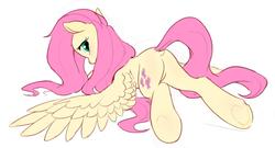 Size: 1653x894 | Tagged: safe, artist:luciferamon, fluttershy, pegasus, pony, g4, blushing, butt, dock, female, looking back, lying down, mare, plot, simple background, solo, underhoof, white background