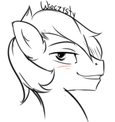 Size: 586x622 | Tagged: safe, artist:sidekick, oc, oc only, pony, blushing, bust, commission, grin, male, monochrome, portrait, simple background, sketch, smiling, solo, stallion, white background