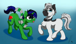 Size: 1920x1118 | Tagged: safe, artist:lupiarts, oc, oc only, oc:lupi, oc:snoopy stallion, earth pony, pony, unicorn, clothes, collar, comic sins, cute, glasses, happy, sassy, scarf, tongue out